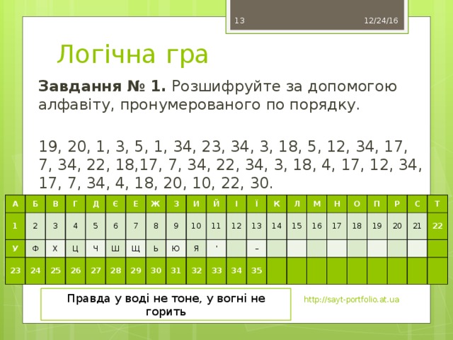 12/24/16 12 Логічна гра Завдання № 1. Розшифруйте за допомогою алфавіту, пронумерованого по порядку.   19, 20, 1, 3, 5, 1, 34, 23, 34, 3, 18, 5, 12, 34, 17, 7, 34, 22, 18,17, 7, 34, 22, 34, 3, 18, 4, 17, 12, 34, 17, 7, 34, 4, 18, 20, 10, 22, 30. А 1 Б У 2 В Г 23 3 Ф Д 4 24 Х 5 Ц 25 Є Ч 6 26 Е 27 Ж 7 Ш 8 З 28 Щ 9 Ь И 29 Ю Й 30 10 31 І 11 Я 12 Ї 32 ’ 13 К 33   – 34 Л 14 М 15 35   16 Н     17 О       П   18   19 Р   20 С       21 Т     22         Правда у воді не тоне, у вогні не горить http://sayt-portfolio.at.ua 