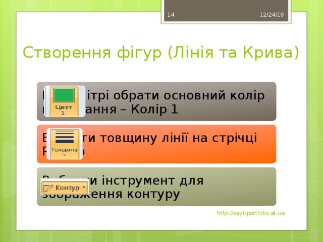 12/24/16 14 Створення фігур (Лінія та Крива) На палітрі обрати основний колір малювання – Колір 1 Вказати товщину лінії на стрічці Розмір Вибрати інструмент для зображення контуру http://sayt-portfolio.at.ua 