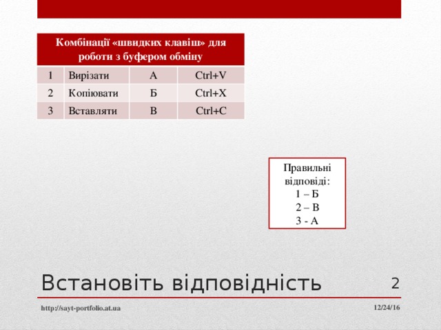 Комбінації «швидких клавіш» для роботи з буфером обміну 1 Вирізати 2 3 А Копіювати Ctrl+V Б Вставляти Ctrl+X В Ctrl+C Правильні відповіді: 1 – Б 2 – В 3 - А Встановіть відповідність  http://sayt-portfolio.at.ua 12/24/16 