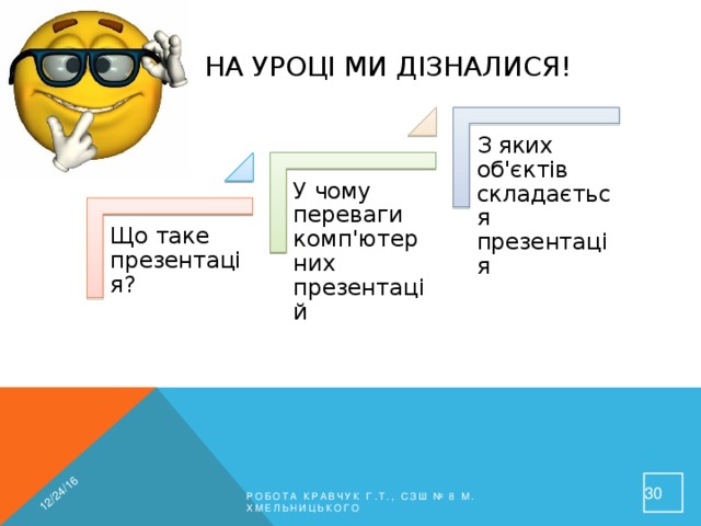 12/24/16 На уроці ми дізналися! З яких об'єктів складається презентація У чому переваги комп'ютерних презентацій Що таке презентація?  Робота Кравчук Г.Т., СЗШ № 8 м. Хмельницького 