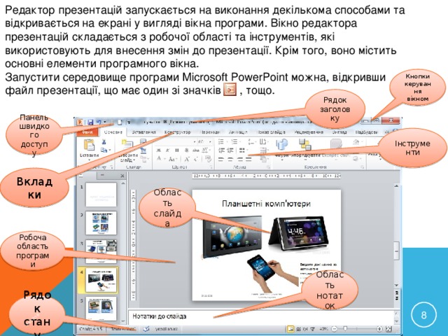 Редактор презентацій запускається на виконання декількома способами та відкривається на екрані у вигляді вікна програми. Вікно редактора презентацій складається з робочої області та інструментів, які використовують для внесення змін до презентації. Крім того, воно містить основні елементи програмного вікна. Запустити середовище програми Microsoft PowerPoint можна, відкривши файл презентації, що має один зі значків , тощо. 24/12/16 Кнопки керування вікном Рядок заголовку Панель швидкого доступу Інструменти Вкладки Область слайда Робоча область програми Область нотаток Рядок стану  КРАВЧУК Г.Т., HTTP://SAYT-PORTFOLIO.AT.UA 