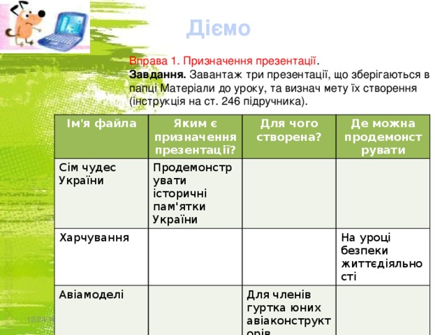 Діємо Вправа 1. Призначення презентації . Завдання. Завантаж три презентації, що зберігаються в папці Матеріали до уроку, та визнач мету їх створення (інструкція на ст. 246 підручника). Ім'я файла Сім чудес України Яким є призначення презентації? Продемонструвати історичні пам'ятки України Для чого створена? Харчування Де можна продемонструвати Авіамоделі На уроці безпеки життєдіяльності Для членів гуртка юних авіаконструкторів 12 Кравчук Г.Т., http://sayt-portfolio.at.ua 12/24/16 