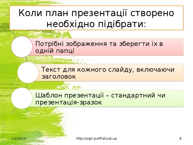 Коли план презентації створено необхідно підібрати: Потрібні зображення та зберегти їх в одній папці Текст для кожного слайду, включаючи заголовок Шаблон презентації – стандартний чи презентація-зразок 12/24/16 http://sayt-portfolio.at.ua  