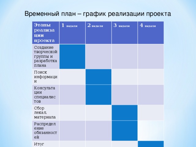 Временный план – график реализации проекта Этапы реализации проекта 1 неделя Создание творческой группы и разработка плана 2 неделя Поиск информации 3 неделя Консультации специалистов 4 неделя Сбор лекал, материала Распределение обязанностей Итог работы 