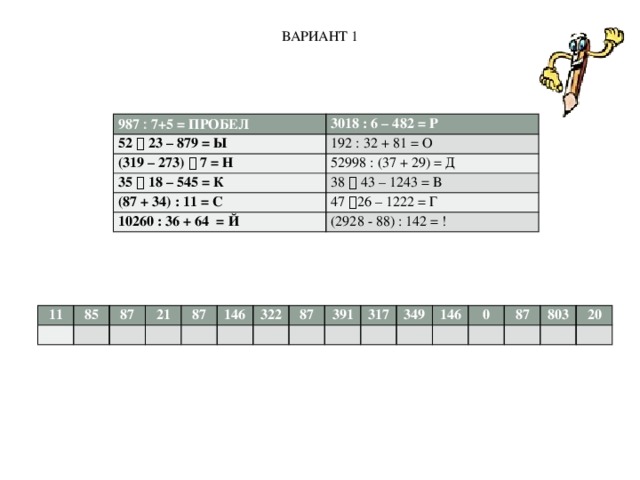 ВАРИАНТ 1 987  7+5 = ПРОБЕЛ 52  23 – 879 = Ы 3018 : 6 – 482 = Р 192 : 32 + 81 = О (319 – 273)  7 = Н 35  18 – 545 = К 52998 : (37 + 29) = Д 38  43 – 1243 = В (87 + 34) : 11 = С 10260 : 36 + 64 = Й 47  26 – 1222 = Г (2928 - 88) : 142 = ! 11   85 87   21   87     146 322   87   391   317   349   146   0   87   803   20     