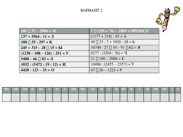 ВАРИАНТ 2 105  37 – 2984 = М 7  (239 + 76) – 1895 = ПРОБЕЛ 137 + 3564 : 11 = З (1177 + 218) : 45 = А 108  55 : 297 = К 49  23 : 7 + 3920 : 28 = Ь 245 + 315 – 28  15 = Ы 16740 : 27  10 – 91  62 = Я (1238 – 108 – 126) : 251 = У 8277 : (3204 : 36) = Ч 5488 – 66  83 = Л 21  106 – 2006 = Е 1032 : (5472 : 19 : 12) = И 4428 : 123 – 33 = О 10486 : (2455 – 2357) = Т 47  26 – 1222 = Р 901   140 310   43   461     4   93 31     220   901 310   20   31     10 301   20   4     10 558   107     3   0   