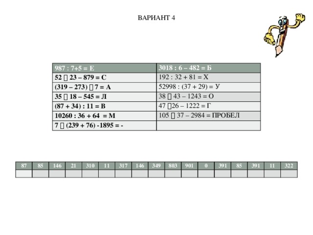 ВАРИАНТ 4 987  7+5 = Е 3018 : 6 – 482 = Б 52  23 – 879 = С 192 : 32 + 81 = Х (319 – 273)  7 = А 52998 : (37 + 29) = У 35  18 – 545 = Л 38  43 – 1243 = О (87 + 34) : 11 = В 10260 : 36 + 64 = М 47  26 – 1222 = Г 105  37 – 2984 = ПРОБЕЛ 7  (239 + 76) -1895 = -   87   85 146     21   310   11 317     146   349   803   901   0 391     85 391     11 322     