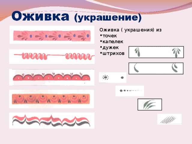 Оживка ( украшения) из точек капелек дужек штрихов 