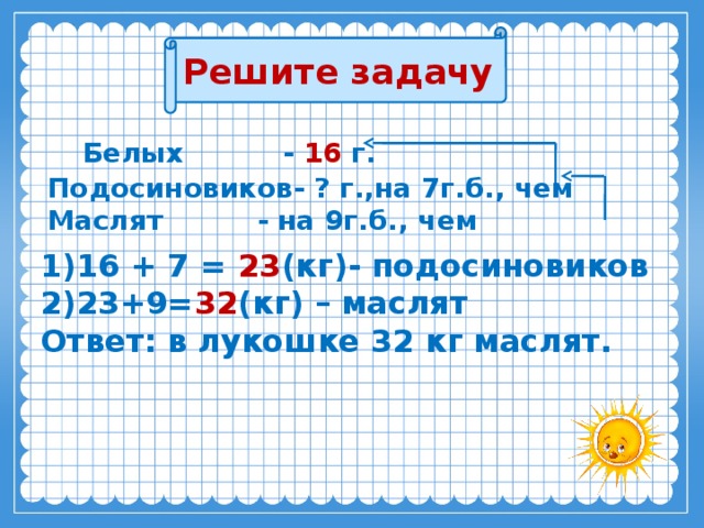 Решите задачу  Белых  - 16 г.  Подосиновиков- ? г.,на 7г.б., чем  Маслят - на 9г.б., чем    1)16 + 7 = 23 (кг)- подосиновиков  2)23+9= 32 (кг) – маслят  Ответ: в лукошке 32 кг маслят. 