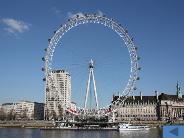 London Eye The London Eye is a giant Ferris wheel on the South Bank of the River Thames in London, England. The entire structure is 135 metres (443 ft) tall and the wheel has a diameter of 120 metres (394 ft). 