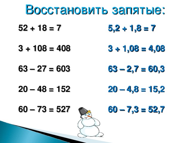  Восстановить запятые: 52 + 18 = 7  3 + 108 = 408  63 – 27 = 603  20 – 48 = 152  60 – 73 = 527  5,2 + 1,8 = 7  3 + 1,08 = 4,08  63 – 2,7 = 60,3  20 – 4,8 = 15,2  60 – 7,3 = 52,7  14 