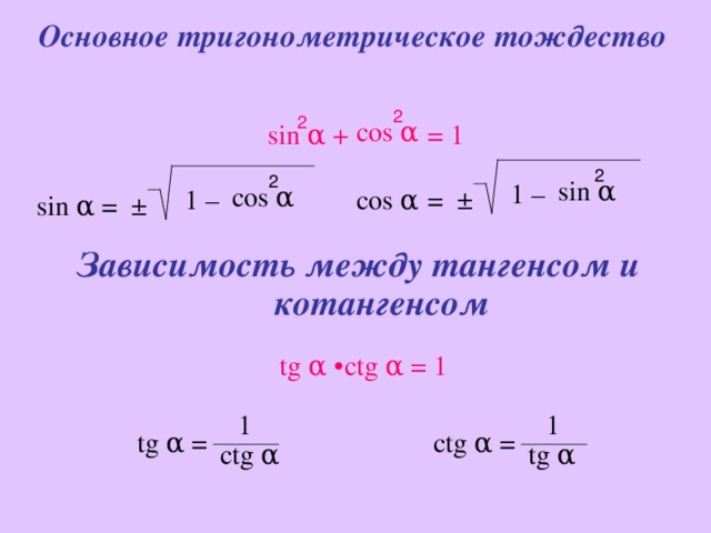 Основное тригонометрическое тождество 2 2 cos α = 1 sin α + 2 2 sin α 1 – cos α ± = cos α 1 – ± = sin α Зависимость между тангенсом и котангенсом с tg α = 1 tg α  • 1 1 tg α = с tg α = с tg α tg α 