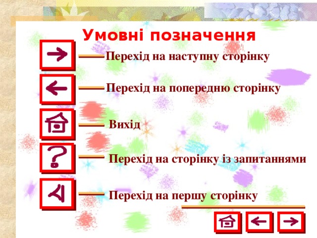 Умовні позначення Перехід на наступну сторінку Перехід на попередню сторінку Вихід Перехід на сторінку із запитаннями Перехід на першу сторінку 