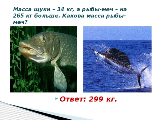 Масса щуки – 34 кг, а рыбы-меч – на 265 кг больше. Какова масса рыбы-меч? Ответ: 299 кг. 