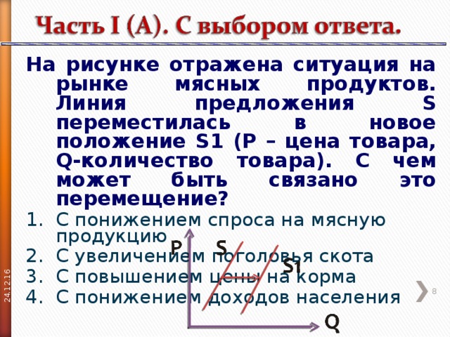 24.12.16 На рисунке отражена ситуация на рынке мясных продуктов. Линия предложения S переместилась в новое положение S 1 ( P – цена товара, Q -количество товара). С чем может быть связано это перемещение? С понижением спроса на мясную продукцию С увеличением поголовья скота С повышением цены на корма С понижением доходов населения  