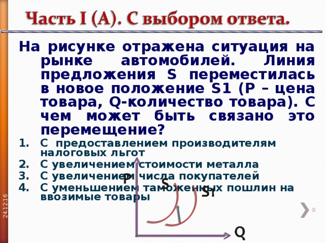 24.12.16 На рисунке отражена ситуация на рынке автомобилей. Линия предложения S переместилась в новое положение S 1 ( P – цена товара, Q -количество товара). С чем может быть связано это перемещение? С предоставлением производителям налоговых льгот С увеличением стоимости металла С увеличением числа покупателей С уменьшением таможенных пошлин на ввозимые товары  