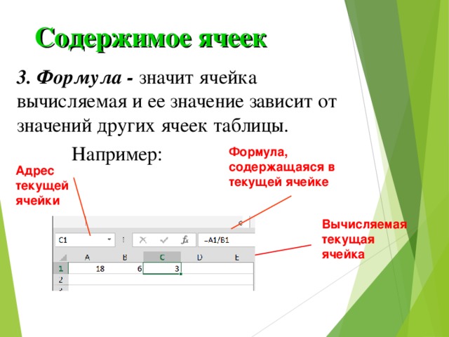 Содержимое ячеек 3. Формула - значит ячейка вычисляемая и ее значение зависит от значений других ячеек таблицы.  Например: Формула, содержащаяся в текущей ячейке Адрес текущей ячейки Вычисляемая текущая ячейка 