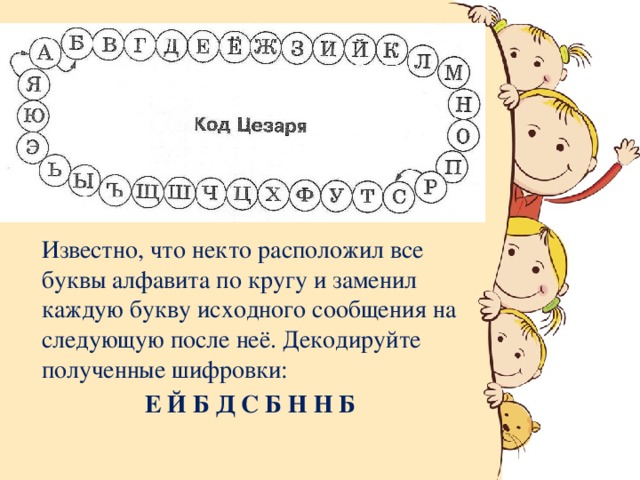 Известно, что некто расположил все буквы алфавита по кругу и заменил каждую букву исходного сообщения на следующую после неё. Декодируйте полученные шифровки: Е Й Б Д С Б Н Н Б 