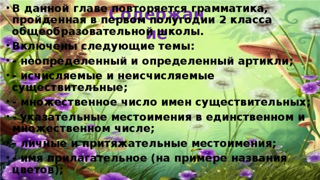 В данной главе повторяется грамматика, пройденная в первом полугодии 2 класса общеобразовательной школы. Включены следующие темы: - неопределенный и определенный артикли; - исчисляемые и неисчисляемые существительные; - множественное число имен существительных; - указательные местоимения в единственном и множественном числе; - личные и притяжательные местоимения; - имя прилагательное (на примере названия цветов); - глагол to have в настоящем времени. Даны упражнения на повторение и закрепление материала. Подходит для любого УМК. Содержание 