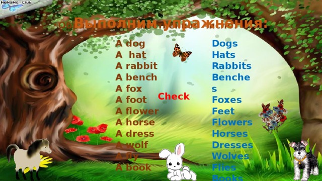 Выполним упражнения: Образуйте множественное число: Dogs A dog Hats A hat A rabbit Rabbits A bench Benches A fox Foxes Feet A foot A flower Flowers Horses A horse Dresses A dress A wolf Wolves Flies A fly A book Books  Check 