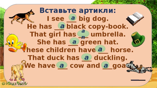 Выполним упражнения : Вставьте артикли: I see ___ big dog. He has ___ black copy-book. That girl has ___ umbrella. She has ___ green hat. These children have ___ horse. That duck has ___ duckling. We have ___ cow and ___goat.   а a an a a a a a 