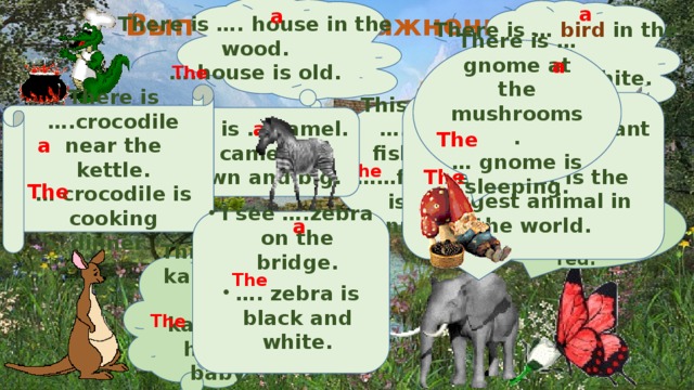 There is …. house in the wood. a … .house is old. There is … bird in the sky. a … .. bird is white. Выполним упражнения: There is … gnome at the mushrooms. … gnome is sleeping. a The The There is ….crocodile near the kettle. … crocodile is cooking dinner. There is …. elephant in the field. … elephant is the biggest animal in the world. This is ….. fish. …… fish is funny. That is … camel. … camel is brown and big. an a a The a The The The The a I see … butterfly. … butterfly is red. a I see ….zebra on the bridge. … . zebra is black and white. The This is … kangaroo. … .. kangaroo has …. baby. a The The a 