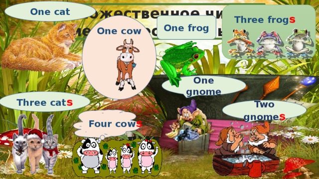 One cat Множественное число имен существительных Three frog s One frog One cow One gnome Three cat s Two gnome s Four cow s 