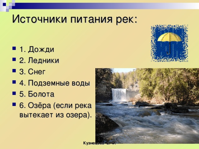 Источники питания рек:   1. Дожди 2. Ледники 3. Снег 4. Подземные воды 5. Болота 6. Озёра (если река вытекает из озера). Кузнецова Е. Ф. 