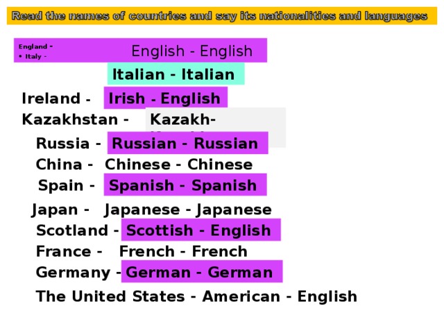 England - English - English Italy - Italian - Italian  Ireland - Irish - English Kazakhstan - Kazakh- Kazakh Russia - Russian - Russian  China - Chinese - Chinese  Spain - Spanish - Spanish Japanese - Japanese Japan - Scotland - Scottish - English France - French - French  Germany - German - German The United States - American - English  