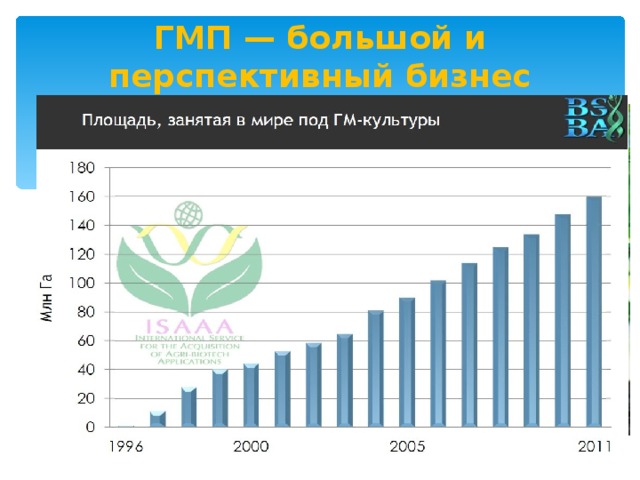  ГМП — большой и перспективный бизнес   в мире более 60 млн. га занято под трансгенные культуры: из них 66% в США, 22% в Аргентине. Сегодня 63% сои, 24% кукурузы, 64% хлопка – трансгенные; урожай трансгенных растений на 15–20% выше, чем у традиционных культур; новые сорта созревают на 30 – 50 дней раньше 