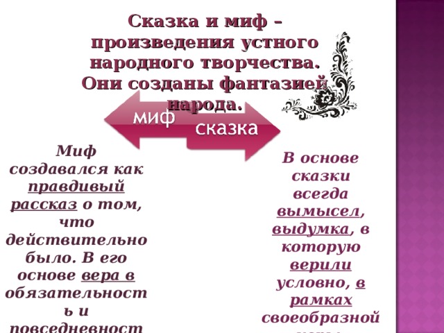Сказка и миф – произведения устного народного творчества. Они созданы фантазией народа. Миф создавался как правдивый  рассказ о том, что действительно было. В его основе вера в обязательность и повседневность чуда . В основе сказки всегда вымысел , выдумка , в которую верили условно, в рамках своеобразной игры. 