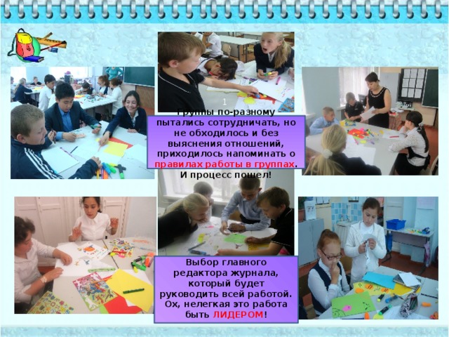 1  Группы по-разному пытались сотрудничать, но не обходилось и без выяснения отношений, приходилось напоминать о правилах работы в группах . И процесс пошел!  Выбор главного редактора журнала, который будет руководить всей работой. Ох, нелегкая это работа быть ЛИДЕРОМ ! 