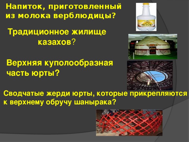 Напиток, приготовленный из молока верблюдицы? Традиционное жилище казахов ? Верхняя куполообразная часть юрты? Сводчатые жерди юрты, которые прикрепляются к верхнему обручу шанырака? 
