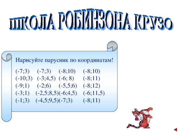 Нарисуйте парусник по координатам! (-7;3) (-7;3) (-8;10) (-8;10)  (-10;3) (-3;4,5) (-6; 8) (-8;11)  (-9;1) (-2;6) (-5,5;6) (-8;12)  (-3;1) (-2,5;8,5)(-6;4,5) (-6;11,5)  (-1;3) (-4,5;9,5)(-7;3) (-8;11) 9 