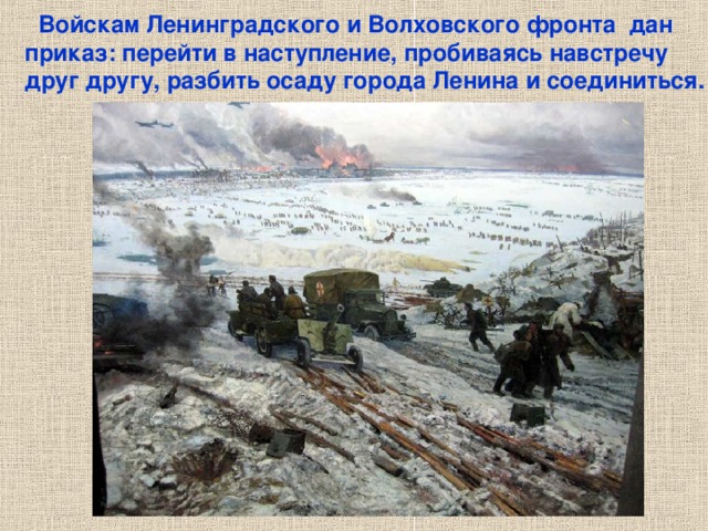  Войскам Ленинградского и Волховского фронта дан приказ: перейти в наступление, пробиваясь навстречу друг другу, разбить осаду города Ленина и соединиться. Войскам Ленинградского и Волховского фронта дан приказ: перейти в наступление, пробиваясь навстречу друг другу, разбить осаду города Ленина и соединиться. 