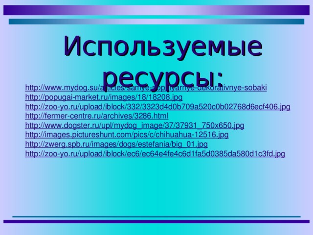 Используемые ресурсы: http://www.mydog.su/articles/samye-populyarnye-dekorativnye-sobaki http://popugai-market.ru/images/18/18208.jpg http://zoo-yo.ru/upload/iblock/332/3323d4d0b709a520c0b02768d6ecf406.jpg http://fermer-centre.ru/archives/3286.html http://www.dogster.ru/upl/mydog_image/37/37931_750x650.jpg http://images.pictureshunt.com/pics/c/chihuahua-12516.jpg http://zwerg.spb.ru/images/dogs/estefania/big_01.jpg http://zoo-yo.ru/upload/iblock/ec6/ec64e4fe4c6d1fa5d0385da580d1c3fd.jpg 