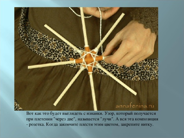 Вот как это будет выглядеть с изнанки. Узор, который получается при плетении 