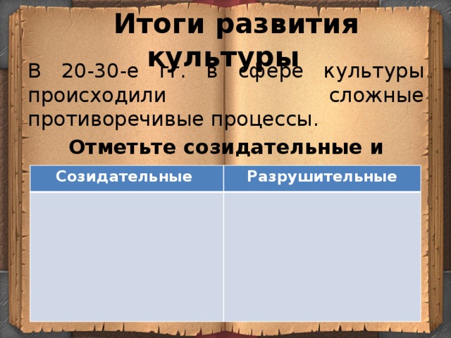  Итоги развития культуры В 20-30-е гг. в сфере культуры происходили сложные противоречивые процессы. Отметьте созидательные и разрушительные процессы в развитии культуры Созидательные Разрушительные 