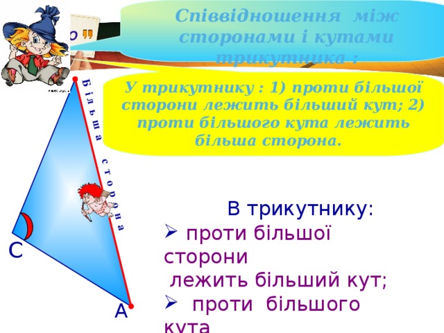 Співвідношення між сторонами і кутами трикутника : Б і л ь ш а с т о р о н а В У трикутнику : 1) проти більшої сторони лежить більший кут; 2) проти більшого кута лежить більша сторона.  В трикутнику:  проти більшої сторони  лежить більший кут;  проти більшого кута  лежить більша сторона . С А 