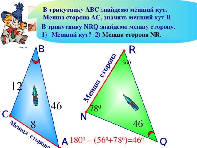 Менша сторона Менша сторона В трикутнику АВС знайдемо менший кут. Менша сторона АС, значить менший кут В . В трикутнику NRQ знайдемо меншу сторону . Менший кут? 2) Менша сторона NR . R В 560 12 46 78 0 С N 46 0 8 180 0 – (56 0 +78 0 )=46 0 Q А 