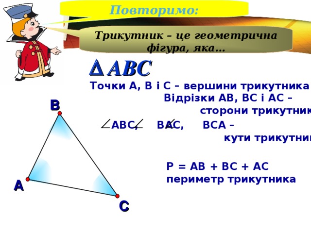 Повторимо: Трикутник – це геометрична фігура, яка…  ABC Точки А, В і С – вершини трикутника  Відрізки АВ, ВС і АС –  сторони трикутника В АВС, ВАС, ВСА –  кути трикутника Р = АВ + ВС + АС периметр трикутника А С 