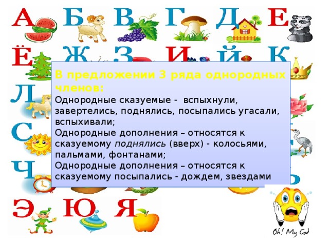 В предложении 3 ряда однородных членов: Однородные сказуемые -  вспыхнули, завертелись, поднялись, посыпались угасали, вспыхивали; Однородные дополнения – относятся к сказуемому поднялись  (вверх) - колосьями, пальмами, фонтанами; Однородные дополнения – относятся к  сказуемому посыпались - дождем, звездами  