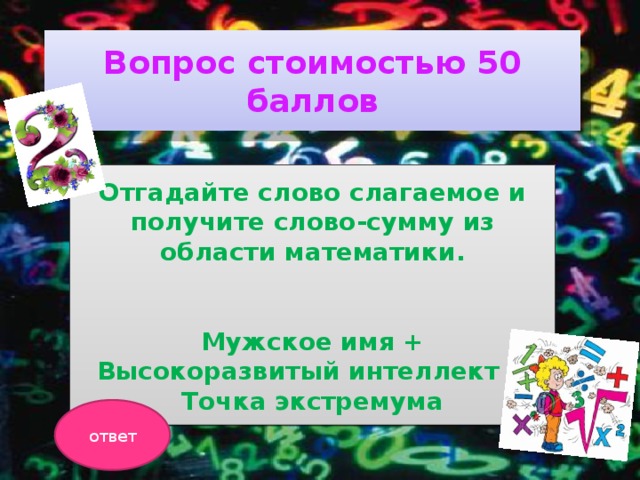 Вопрос стоимостью 50 баллов Отгадайте слово слагаемое и получите слово-сумму из области математики.   Мужское имя + Высокоразвитый интеллект = Точка экстремума ответ 