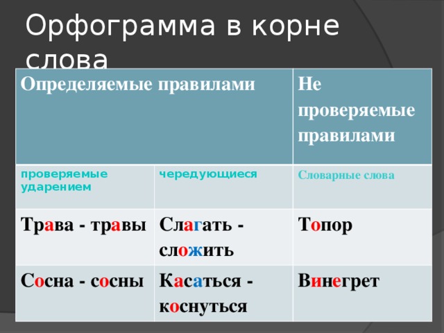 Виды орфограмм корня примеры