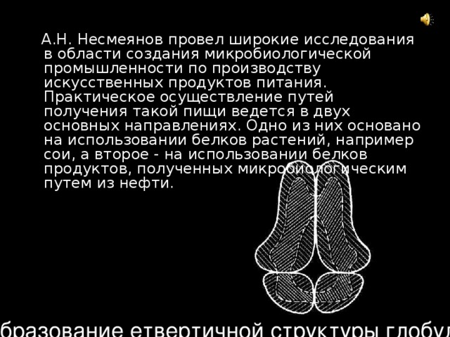  А.Н. Несмеянов провел широкие исследования в области создания микробиологической промышленности по производству искусственных продуктов питания. Практическое осуществление путей получения такой пищи ведется в двух основных направлениях. Одно из них основано на использовании белков растений, например сои, а второе - на использовании белков продуктов, полученных микробиологическим путем из нефти. Образование етвертичной структуры глобулярных белков 