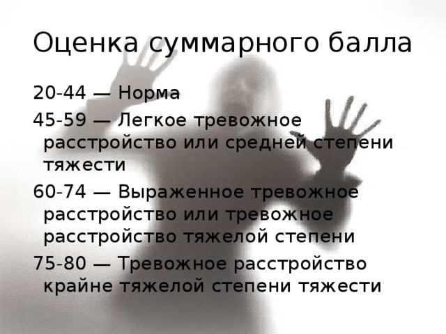 Оценка суммарного балла  20-44 — Норма  45-59 — Легкое тревожное расстройство или средней степени тяжести  60-74 — Выраженное тревожное расстройство или тревожное расстройство тяжелой степени  75-80 — Тревожное расстройство крайне тяжелой степени тяжести 
