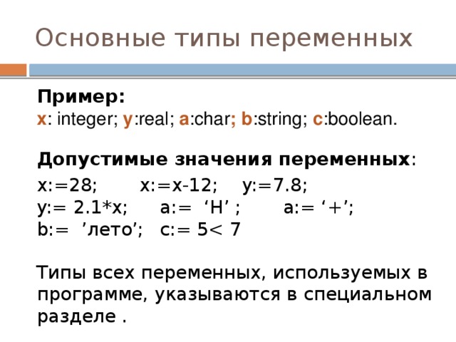 Основные типы переменных Пример:   x : integer; y :real; a :char ; b :string; c :boolean.  Допустимые значения переменных : x:=28;   x:=x-12;   y:=7.8;   y:= 2.1*x;  a:= ‘H’ ;   a:= ‘+’;   b:= ’лето’;  c:= 5  Типы всех переменных, используемых в программе, указываются в специальном разделе .  