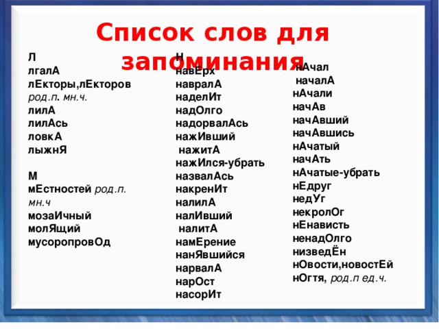    Список слов для запоминания  Н навЕрх навралА наделИт надОлго надорвалАсь нажИвший  нажитА нажИлся-убрать назвалАсь накренИт налилА налИвший  налитА намЕрение нанЯвшийся нарвалА нарОст насорИт Л лгалА лЕкторы,лЕкторов род.п . мн.ч. лилА лилАсь ловкА лыжнЯ   М мЕстностей род.п. мн.ч мозаИчный молЯщий мусоропровОд  нАчал  началА нАчали начАв начАвший начАвшись нАчатый начАть нАчатые-убрать нЕдруг недУг некролОг нЕнависть ненадОлго низведЁн нОвости,новостЕй нОгтя, род.п ед.ч. Синтаксические средства          