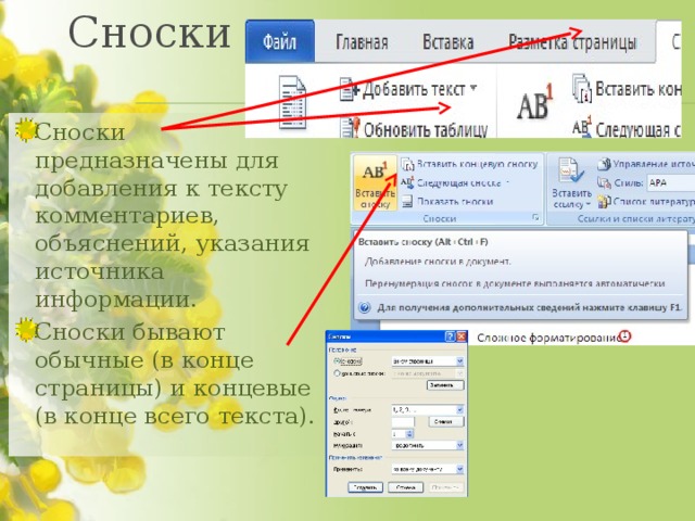 Сноски Сноски предназначены для добавления к тексту комментариев, объяснений, указания источника информации. Сноски бывают обычные (в конце страницы) и концевые (в конце всего текста). 