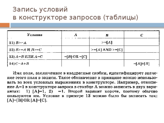 Запись условий  в конструкторе запросов (таблицы) 